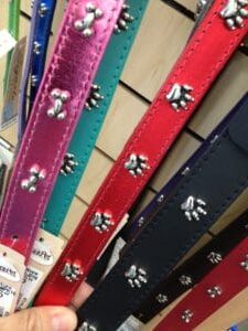 Pink, red and turquoise decorative collars on the original shop display